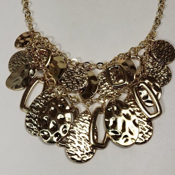 Polished Gold tone Layered Textured, Hammered Discs Hoops Charms Necklace - Picture 4 of 8
